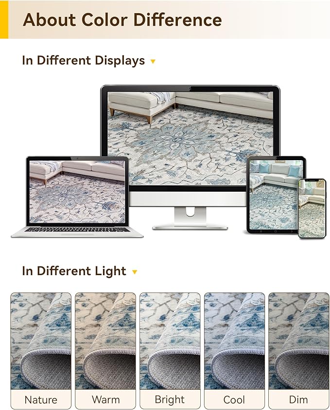 Area Rugs 7'x9' Washable Non-Slip, Floral Vintage Distress Print Pattern - Image 8