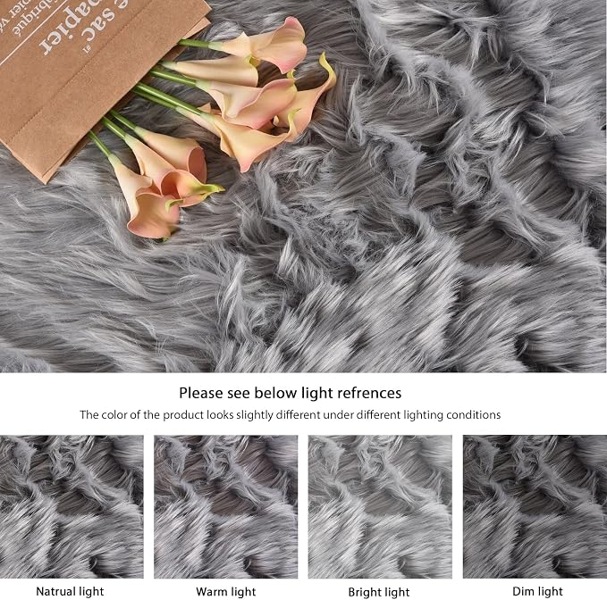 ORINOVA Round Rugs 6ft Silver Grey Fuzzy Faux Sheepskin Washable Furry Fur Area - Image 9