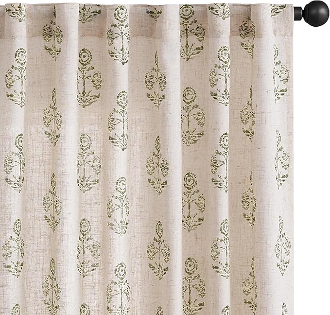 jinchan Linen Floral Curtains for Living Room 63 Inch Length Green Flower by JINCHAN