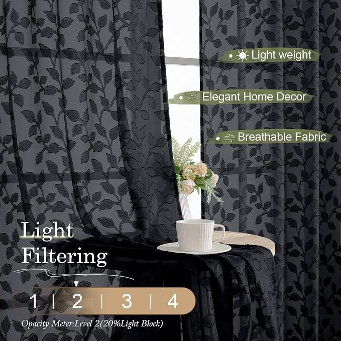 Chyhomenyc Black Sheer Curtains 96 Inch Length 2 Panels Set, Light Filtering - Image 2