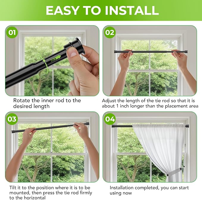 2 Pack No Drill Tension Curtain Rods 28 to 41 Inch Black Small Curtain Rod - Image 8