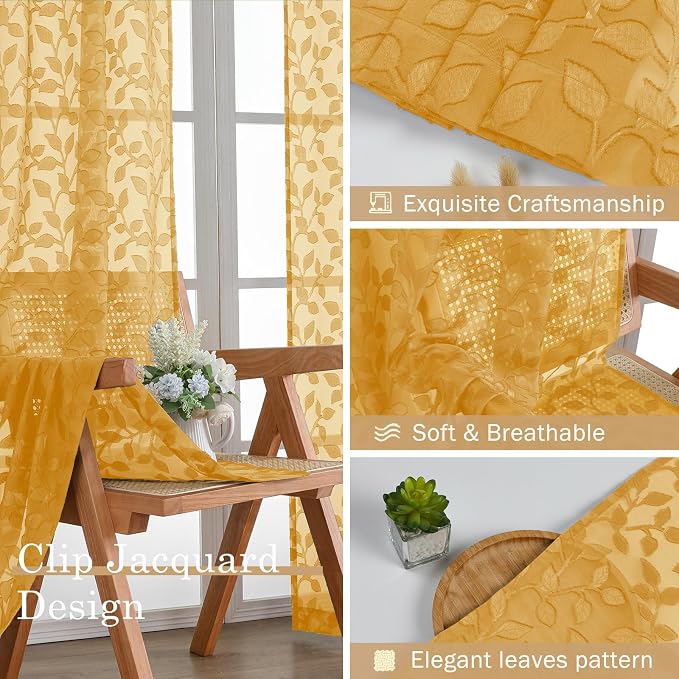 Chyhomenyc Gold Sheer Curtains 72 Inches Long 2 Panels Set, Light Filtering - Image 7