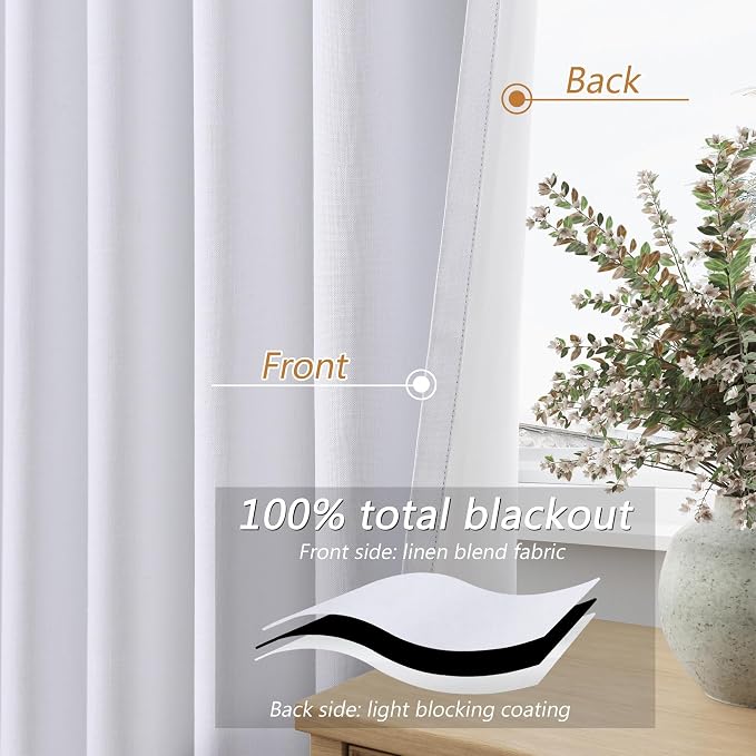 Guken White 100% Blackout Linen Curtains 52 Inch Wide by 140 Inch - Image 4