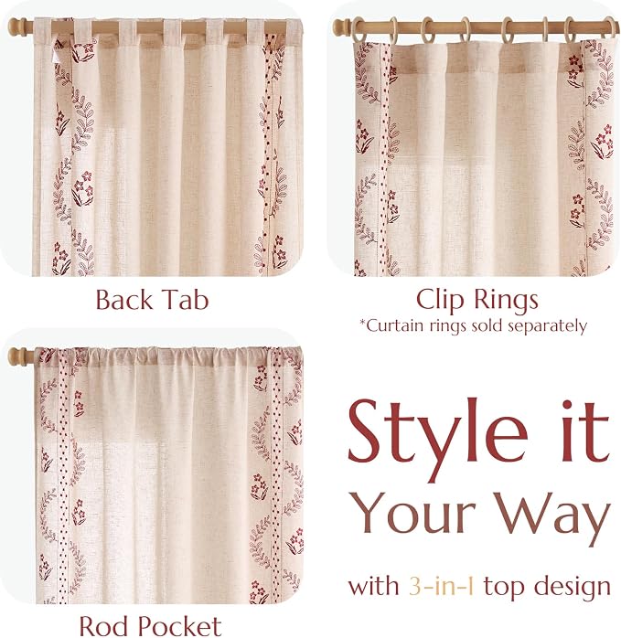 jinchan Belrose Linen Curtains for Bedroom Floral Curtains 96 Inch Length Linen - Image 6