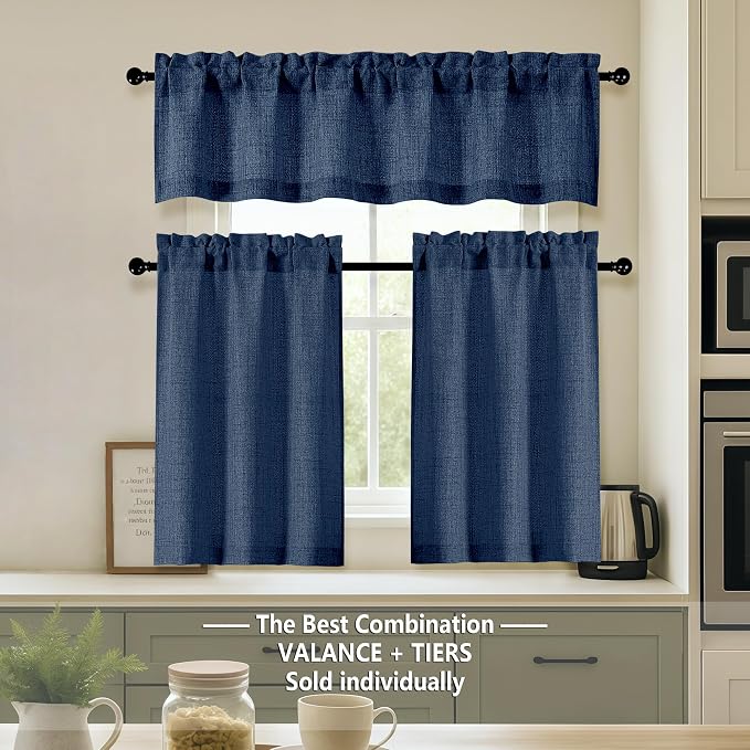 OVZME Navy Blue Valance for Windows, Light Filtering Faux Linen Textured Small - Image 2