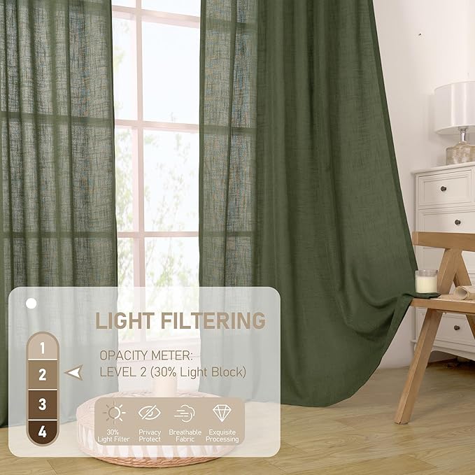 LAMIT Olive Green Sheer Linen Curtains 63 inch Length - Image 4