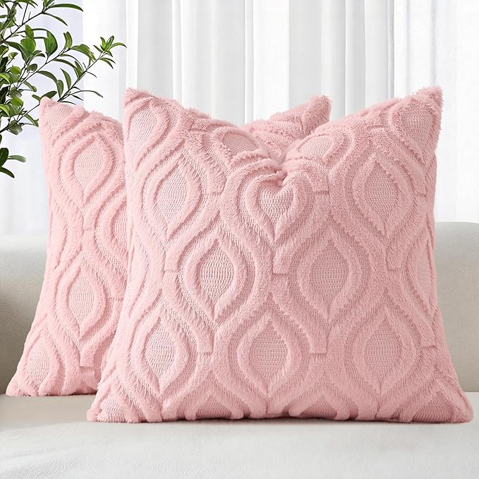 decorUhome Throw Pillow Covers 24x24 Inch Set of 2, Soft Plush Faux Wool Pink by decorUhome