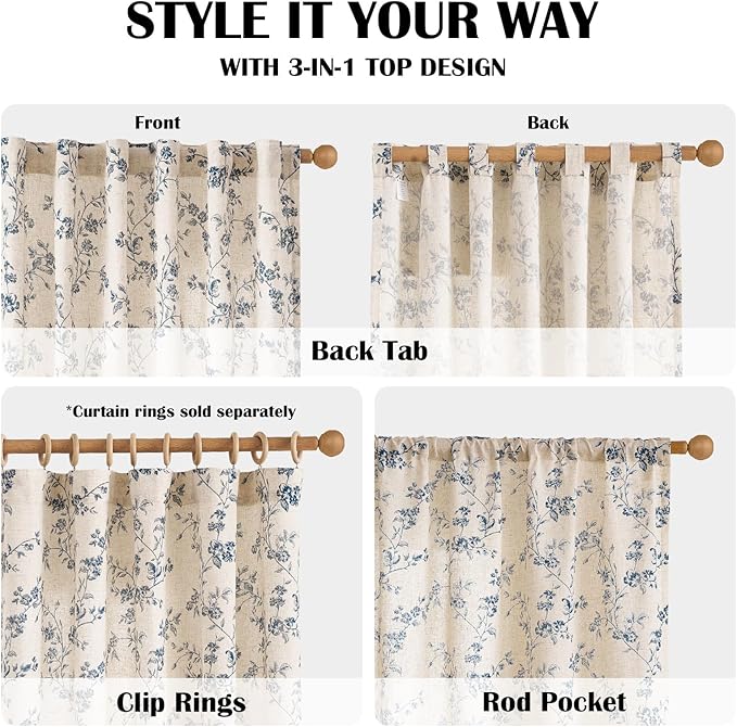 Lazzzy Linen Farmhouse Curtains Blue Floral Curtains 63 Inch Length Back Tab - Image 5