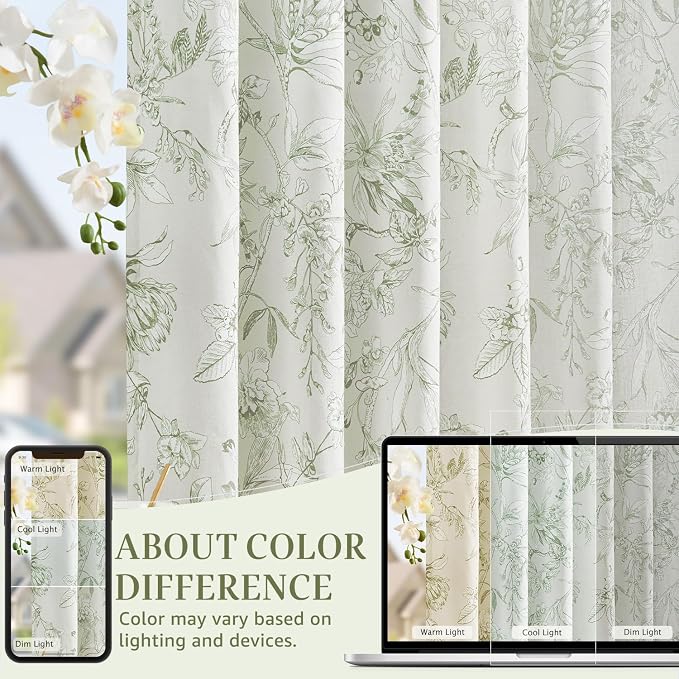 jinchan Floral Curtains 84 Inches Long Sage Green Flower Linen Farmhouse Curtain - Image 6