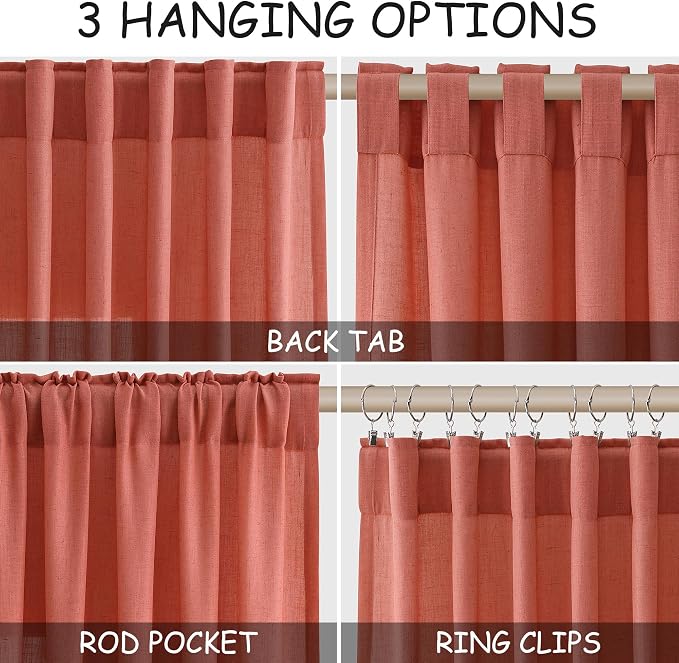 Nanspring Coral Linen Curtains 120 Inches Long 2 Panels Set Back Tab Loop - Image 2