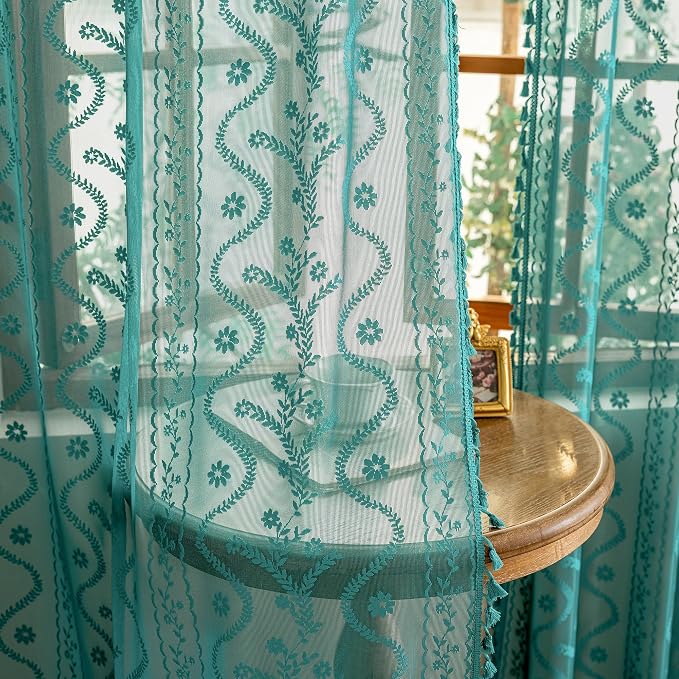 WAZZIO Boho Lace Curtains 2 Panels 63 Inch -Victorian Sheer Panel Drape French by WAZZIO