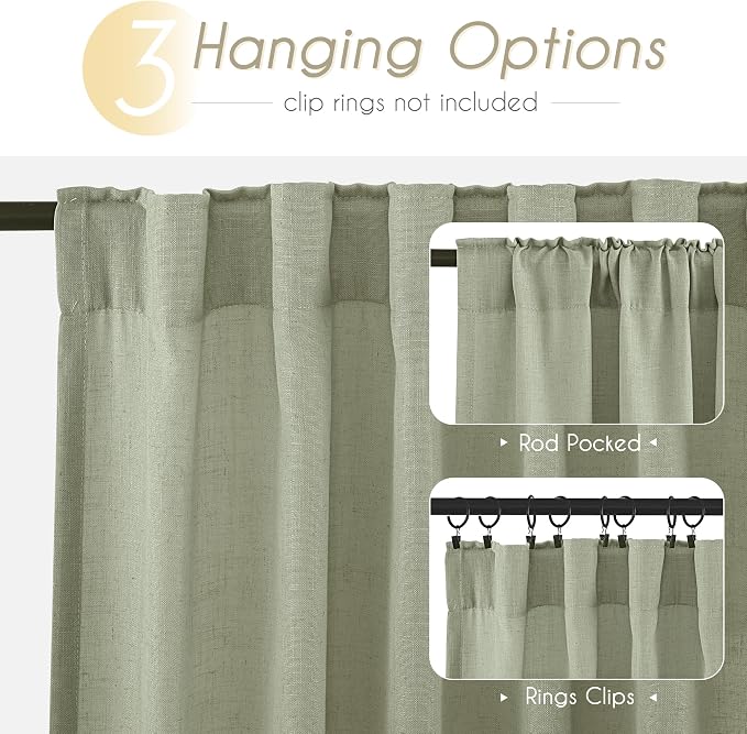 Linen Blend Sage Green Curtains 120 inch Length 2 Panels - Image 2
