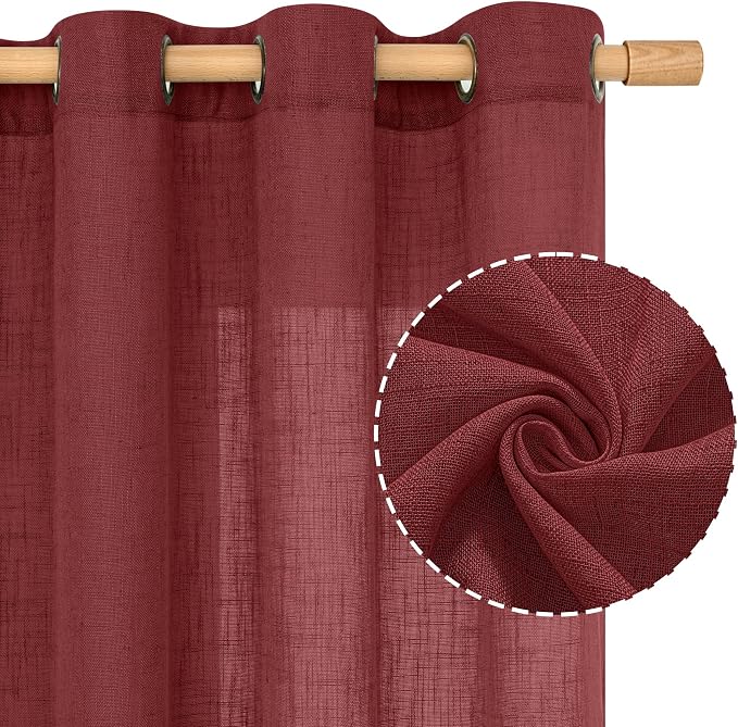 LAMIT Burgundy Red Linen Curtains 48 Inch Length 2 Panels, Light Filtering Semi - Image 2