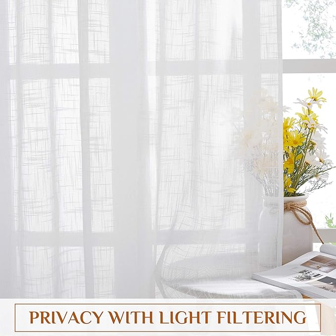 NICETOWN White Sheer Curtains 96 inches Long, Rod Pocket & Back Tab Faux Linen - Image 7