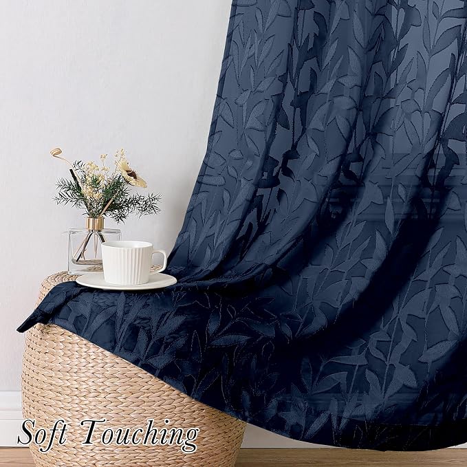 Lecloud Leia Clip Textured Navy Blue Sheer Curtains 54 Inch Length 2 Panels - Image 4