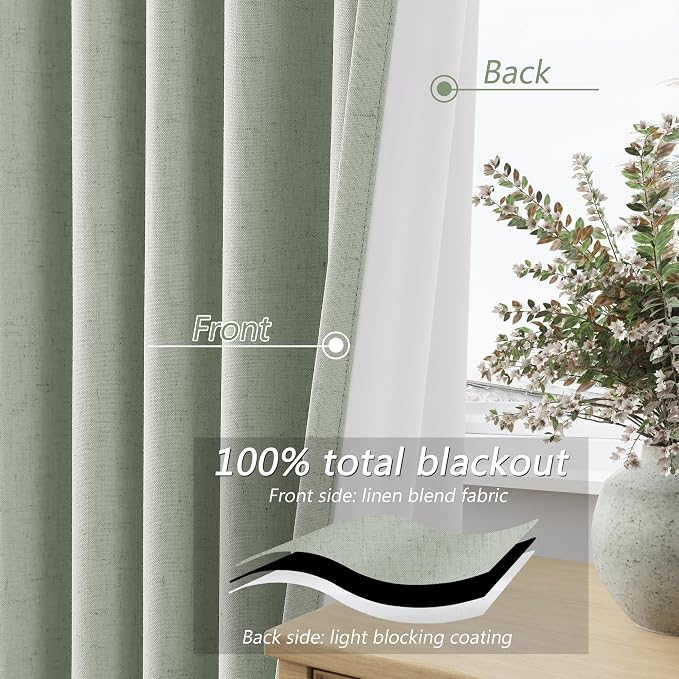 Guken Mist Sage 100% Blackout Linen Curtains 90 Inch Length 2 Panels Set - Image 4