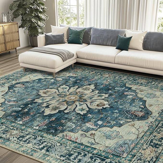 RELEANY Area Rugs 7'x10' Washable Non-Slip, Floral Vintage Distress Print by RELEANY