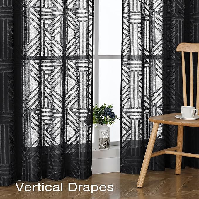 Simplebrand Black Semi Sheer Curtains 54 Inch Length 2 Panels, Geometric - Image 5