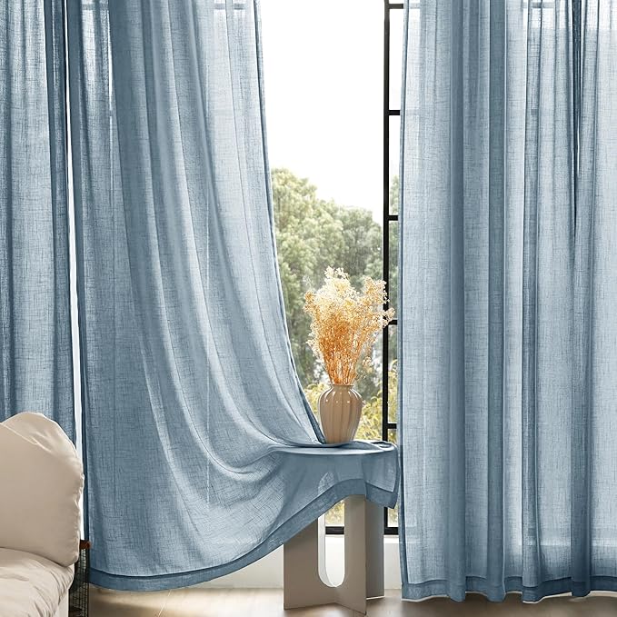 Dusty Blue Linen Curtains for Living Room Back Tab Light Filtering Semi Sheer - Image 5