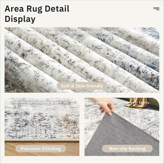 5x7 Area Rugs Blue Ivory Low Pile Indoor Washable Trendy Faded Style Rugs - Image 6