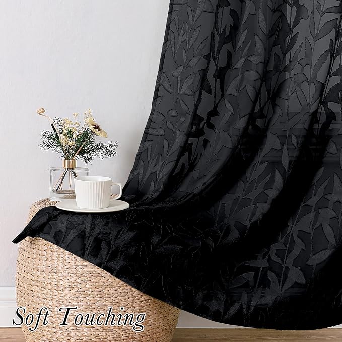 Lecloud Leia Black Sheer Curtains 84 Inches Long 2 Panels, Airy Leaf Textured - Image 7