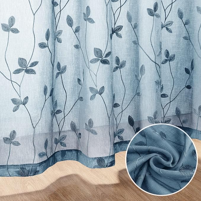 HOMEIDEAS Cyan Blue Sheer Curtains 52 X 96 Inches Length 2 Panels Embroidered - Image 3