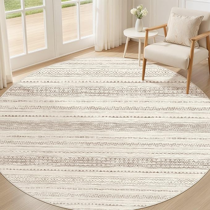 Nakagishi Round Rug Boho Area Rugs: 4x4 Washable Large Circle Neutral Soft by NakagishiAreaRug