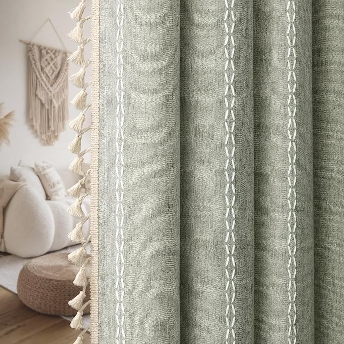 Boho Blackout Curtains 63 Inches Long Sage Green Linen Blend 2 Panels - Image 8