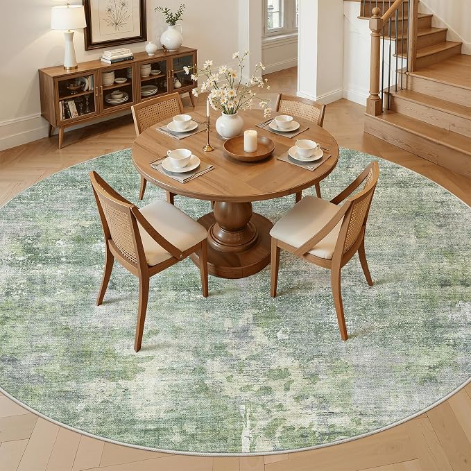 9x9 Green/Ivory Round Rug 9ft Living Room Circle Rug Vintage Round Area Rug Non - Image 4