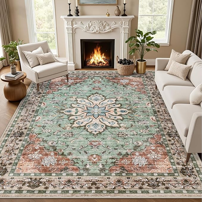 Area Rugs 9x12 Living Room Rug: Washable Rug Soft Vintage Distressed Floral by EXPEDIX