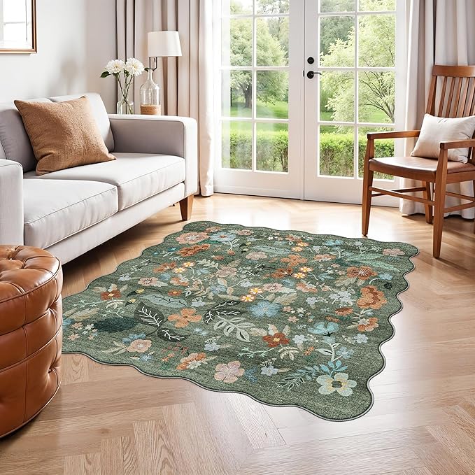 Floral Square Area Rug for Family: Washable 5x5 Scalloped Carpet for Living - Image 2