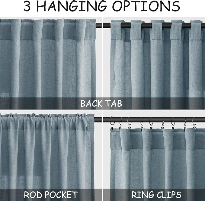 Nanspring Light Blue Linen Curtains Semi Sheer 96 Inches Long 2 Panels Set - Image 2