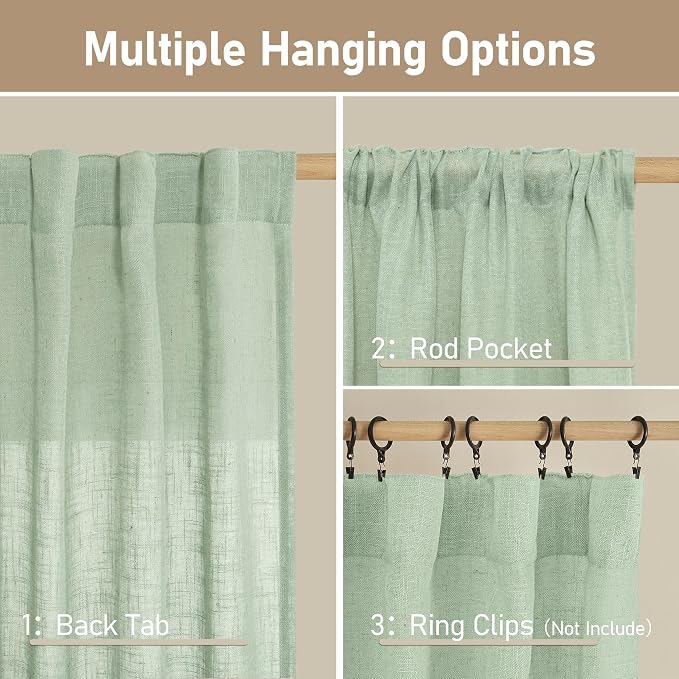 LAMIT Fresh Green Linen Curtains 45 Inch Length 2 Panels, Light Filtering - Image 3