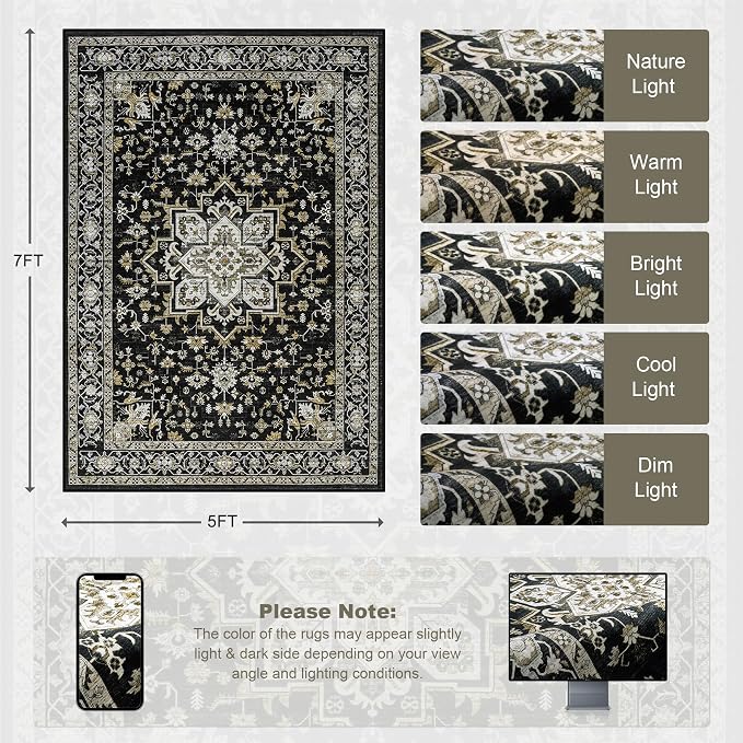 5x7 Area Rugs Living Room Rug: Washable Vintage Boho Medallion Rug No Slip - Image 2