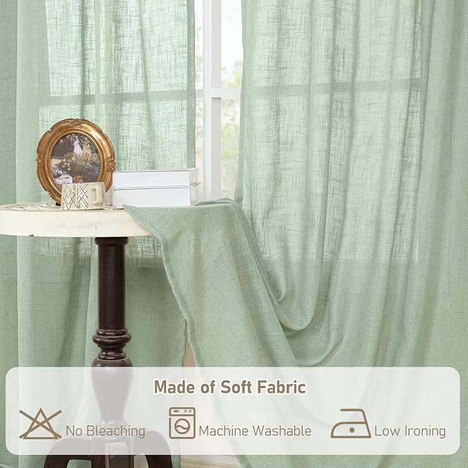 LAMIT Fresh Green Linen Sheer Curtains 63 Inch Length - Image 9