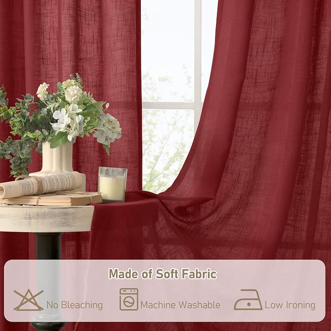 LAMIT Burgundy Red Linen Curtains 48 Inch Length 2 Panels, Light Filtering Semi - Image 9