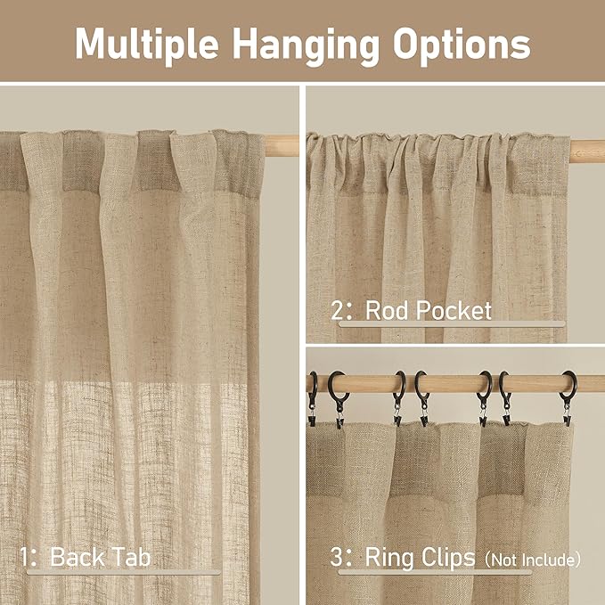 LAMIT Brown Linen Curtains 84 inch Length 2 Panels, Light Filtering Semi Sheer - Image 2
