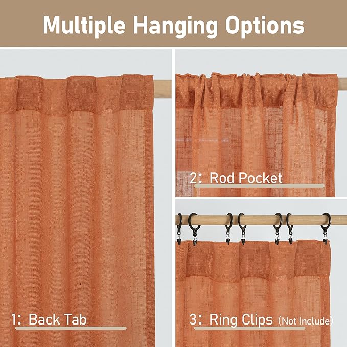 LAMIT Burnt Orange Linen Curtains 45 Inch Length 2 Panels, Light Filtering - Image 3