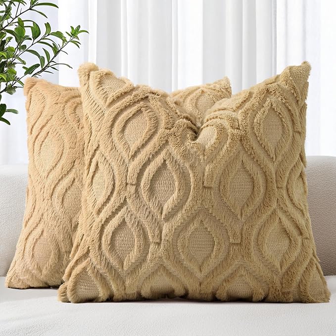 decorUhome Throw Pillow Covers 16x16 Inch Set of 2, Soft Plush Faux Wool Khaki by decorUhome