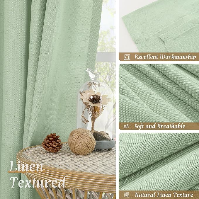 LAMIT Light Green Linen Window Curtains 63 Inch Length, Light Filtering Neutral - Image 7