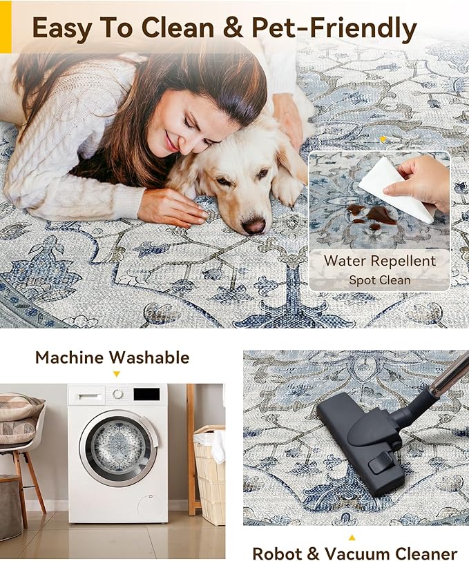 Area Rugs 8ft Washable Non-Slip, Floral Vintage Distress Print Pattern - Image 5