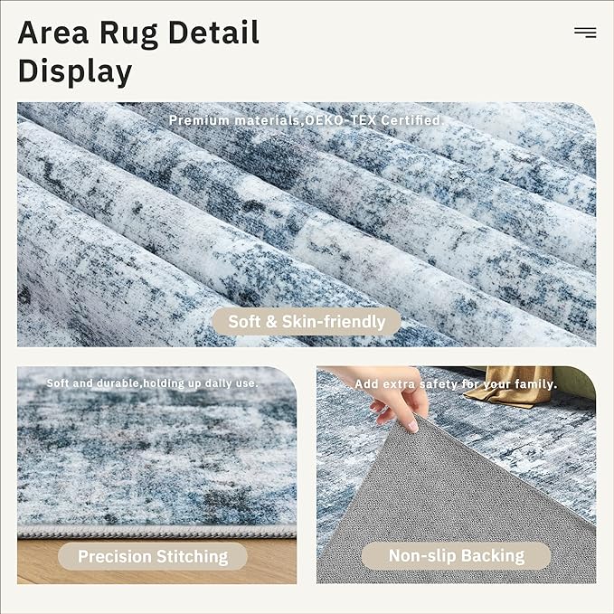 9x9 Blue/Grey Round Rug 9ft Living Room Circle Rug Vintage Round Area Rug Non - Image 6