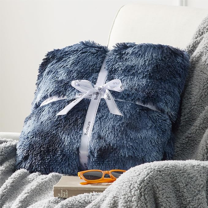 Bedsure GentleSoft Fuzzy Sherpa Faux Fur Twin Blanket Tie Dye Navy Cozy Gifts - Image 6
