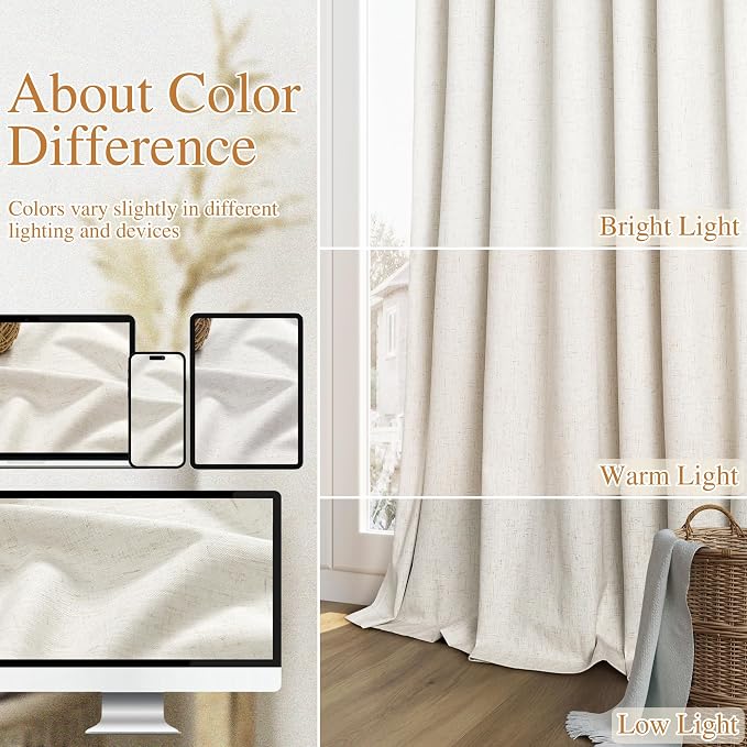 Cream 100% Blackout Linen Curtains 100 Inch Length 2 Panels Set - Image 7