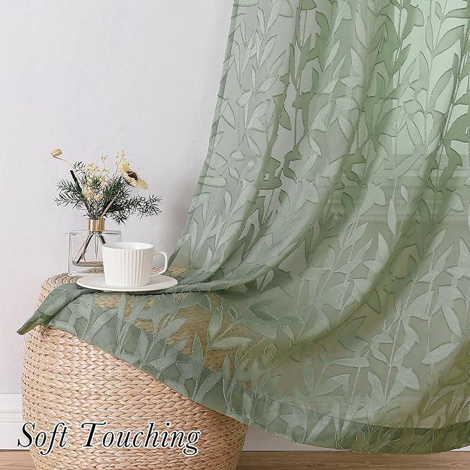 Lecloud Leia Sage Green Sheer Curtains 108 Inches Long 2 Panels, Airy Jacquard - Image 5