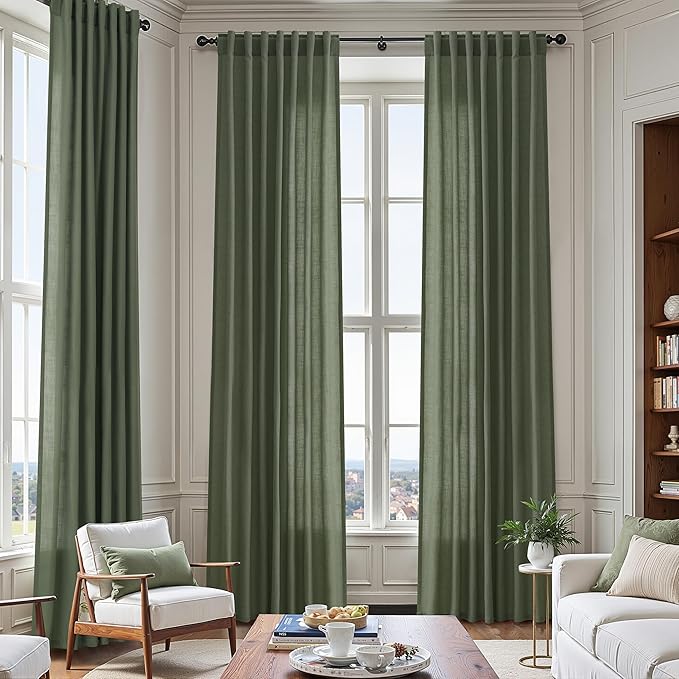 Nanspring Olive Green Linen Sheer Back Tab Curtains 45 Inch Length Semi Sheer - Image 6