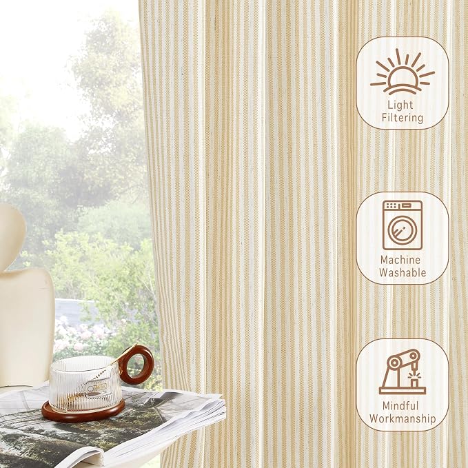 RYB HOME Yellow Kitchen Curtains 24 inch Length, Linen Farmhouse Striped Tier - Image 4