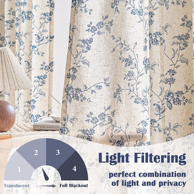 Lazzzy Blue Floral Linen Curtains 84 Inch Length Farmhouse Curtain Back Tab - Image 3
