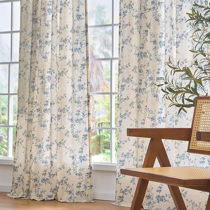 Lazzzy Blue Floral Linen Curtains 96 Inch Farmhouse Back Tab Drapes - Image 9