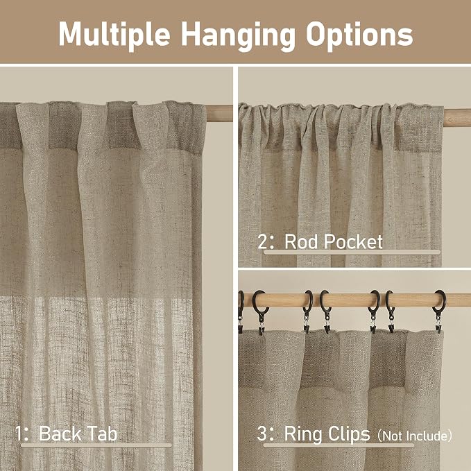LAMIT Taupe Linen Curtains 30 Inch Length, Semi Sheer Light Filtering Window - Image 3